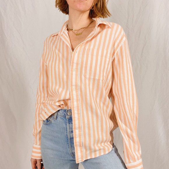 Club Monaco Tops - Club Monaco Peach White Striped Long Sleeve Button Up Top